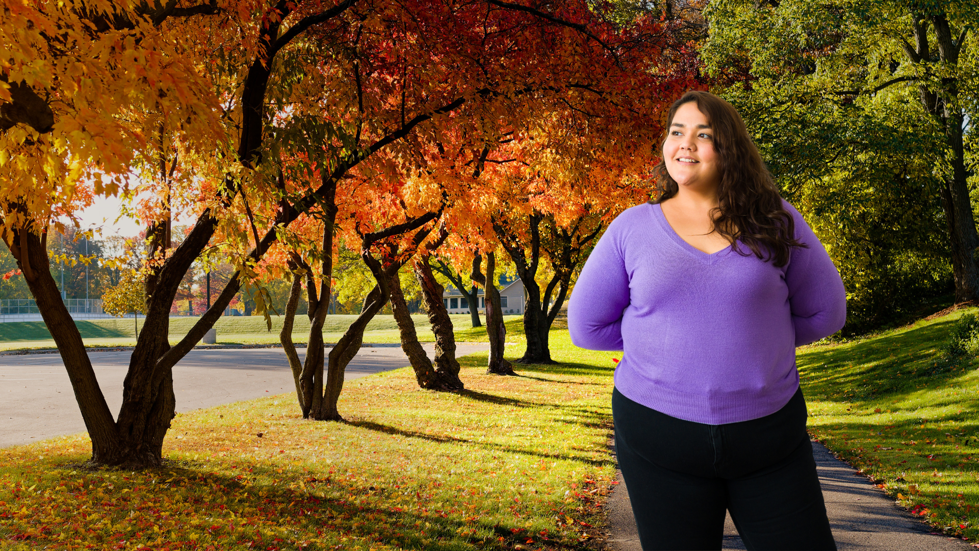 Bariatric woman walking on a trail during fall