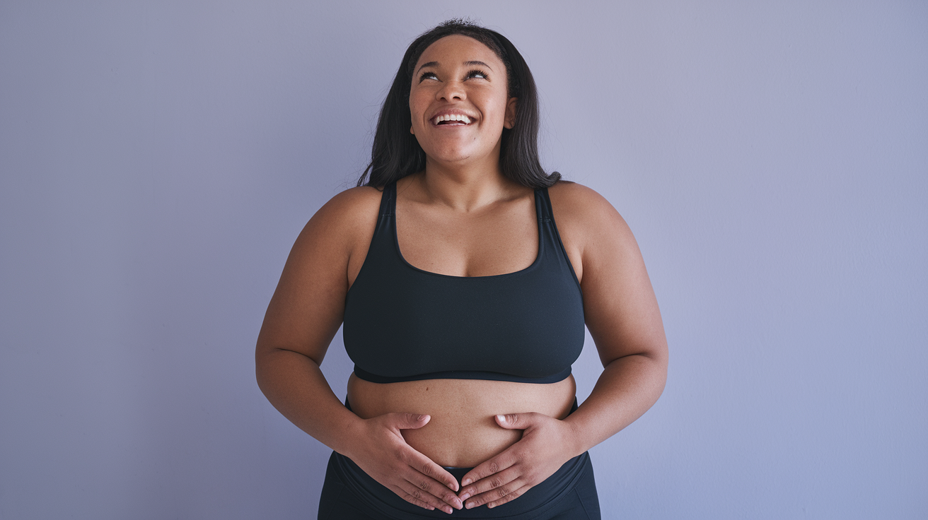 A smiling woman stands against a light purple background, wearing a black sports bra and leggings. She is looking upward and resting her hands on her stomach.