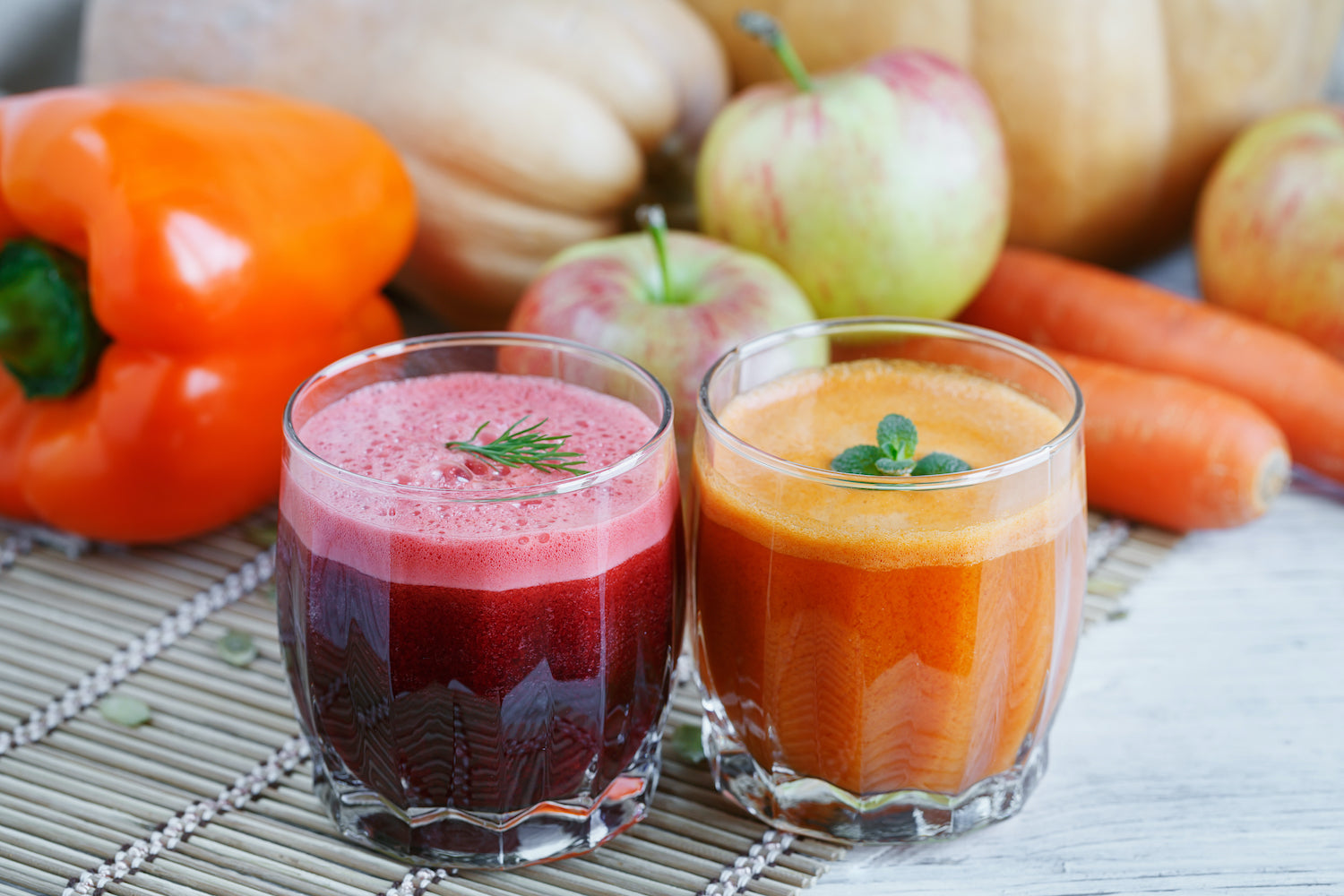 Bariatric Liquid Phase Natural Juice from Veggies in Clear Glasses